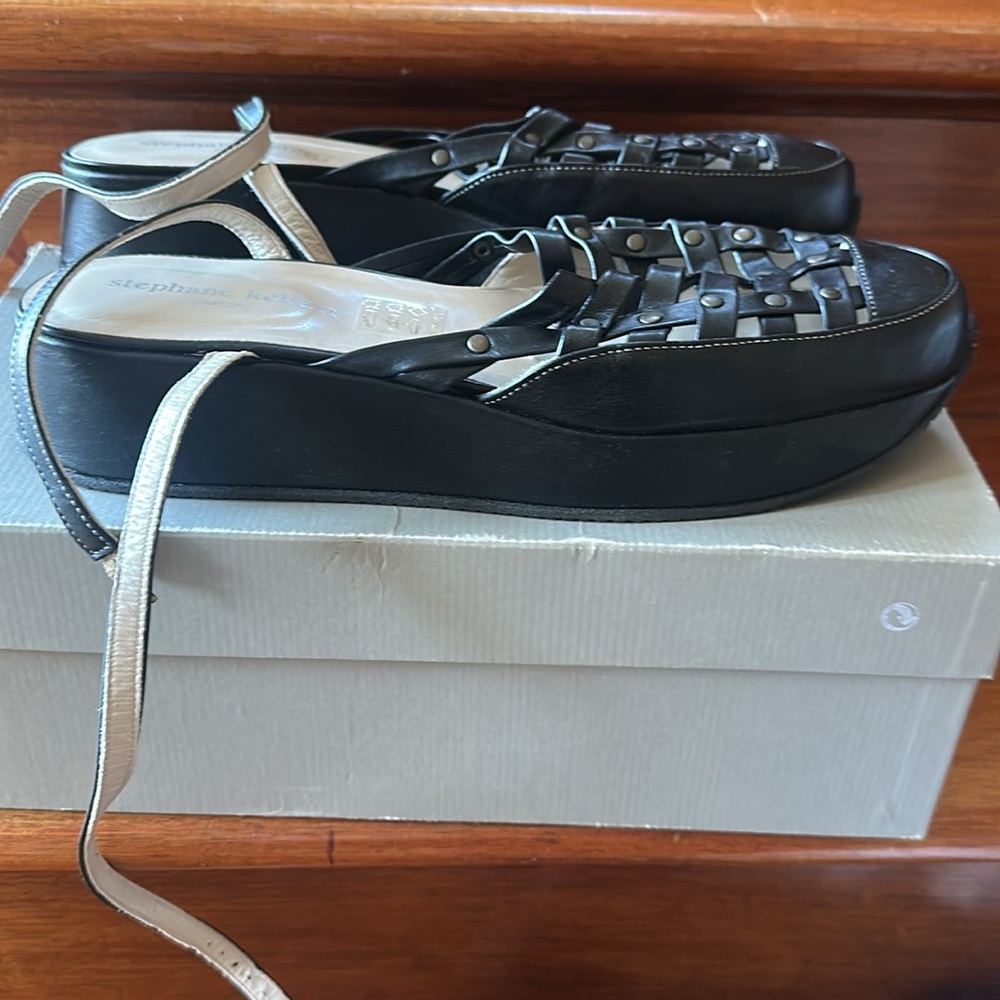 Stephane Kelian Black Leather Platform Studded Wedge Sandals/Shoes 40 - Picture 1 of 8